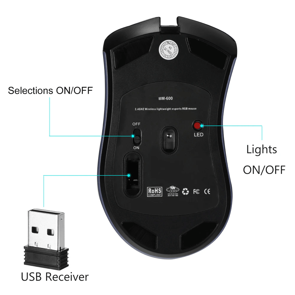 Wireless Mouse Gaming Rechargeable Optical Mouse Cordless 7